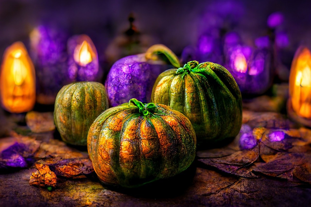 Photo de citrouilles et bougies, couleurs violette et orange